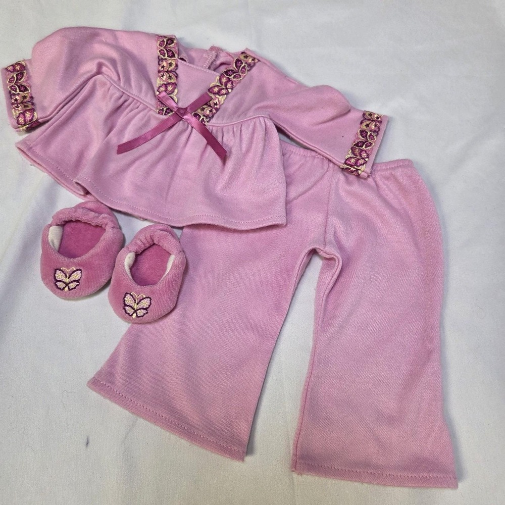 American Girl Doll Julie Albright Butterfly Pajamas Set Pink Velour Slippers PJs